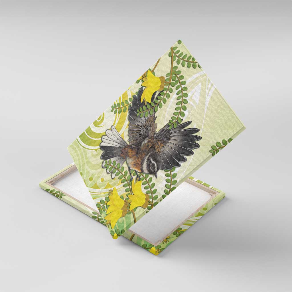 New Zealand Piwakawaka Fantail Bird Canvas Wall Art With Kowhai Flowers LT05 With Frame Green - Polynesian Pride