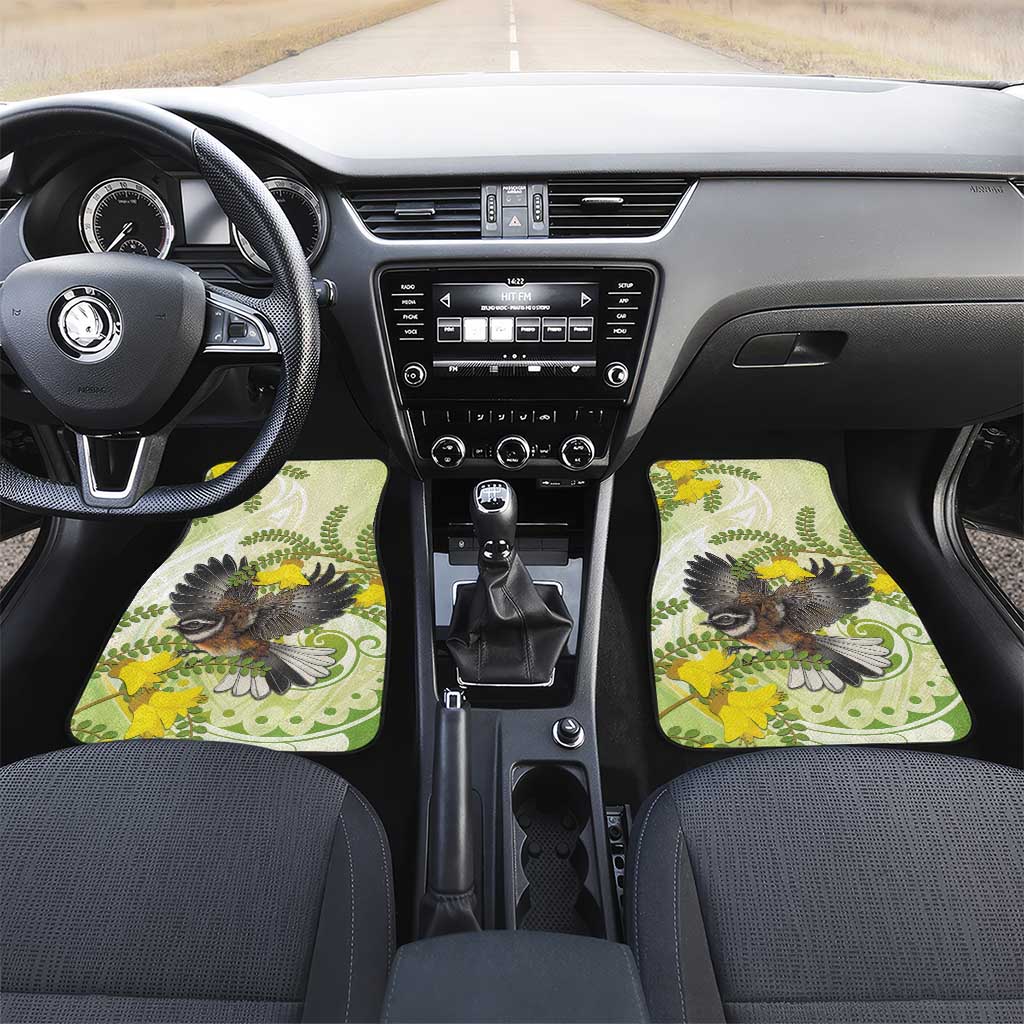 New Zealand Piwakawaka Fantail Bird Car Mats With Kowhai Flowers LT05 Set 2pcs - Front Green - Polynesian Pride