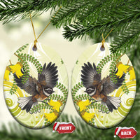 New Zealand Piwakawaka Fantail Bird Ceramic Ornament With Kowhai Flowers LT05 Oval Green - Polynesian Pride
