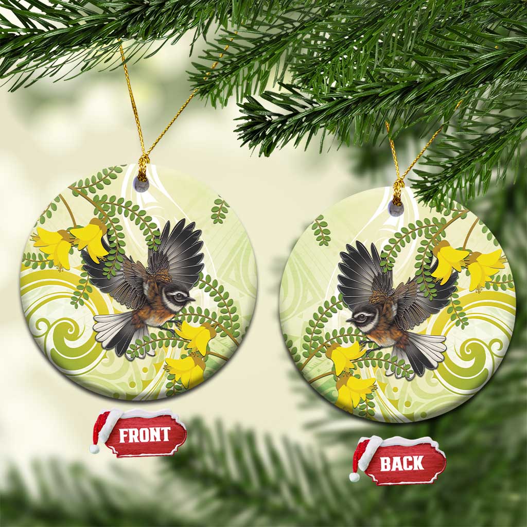 New Zealand Piwakawaka Fantail Bird Ceramic Ornament With Kowhai Flowers LT05 Circle Green - Polynesian Pride