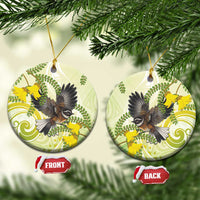 New Zealand Piwakawaka Fantail Bird Ceramic Ornament With Kowhai Flowers LT05 Circle Green - Polynesian Pride