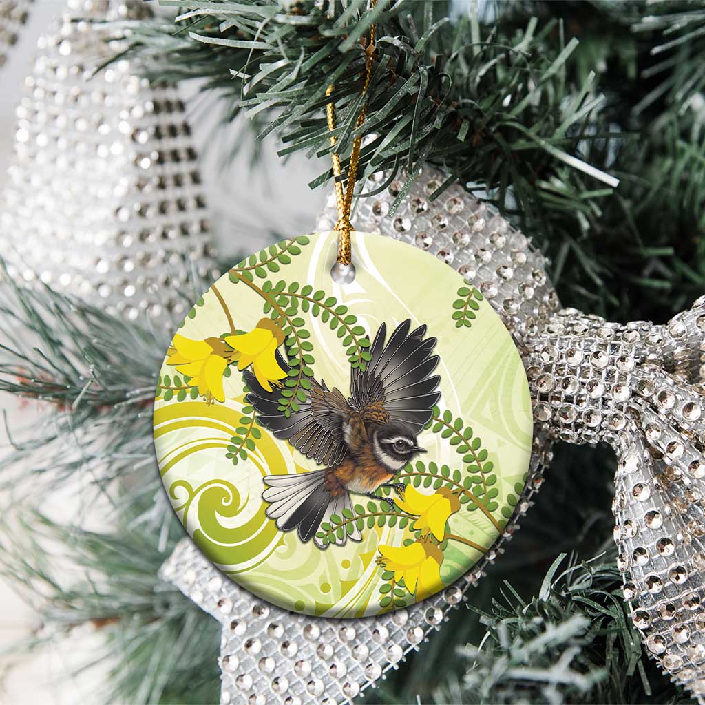 New Zealand Piwakawaka Fantail Bird Ceramic Ornament With Kowhai Flowers LT05 - Polynesian Pride