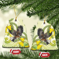 New Zealand Piwakawaka Fantail Bird Ceramic Ornament With Kowhai Flowers LT05 Bell Flake Green - Polynesian Pride