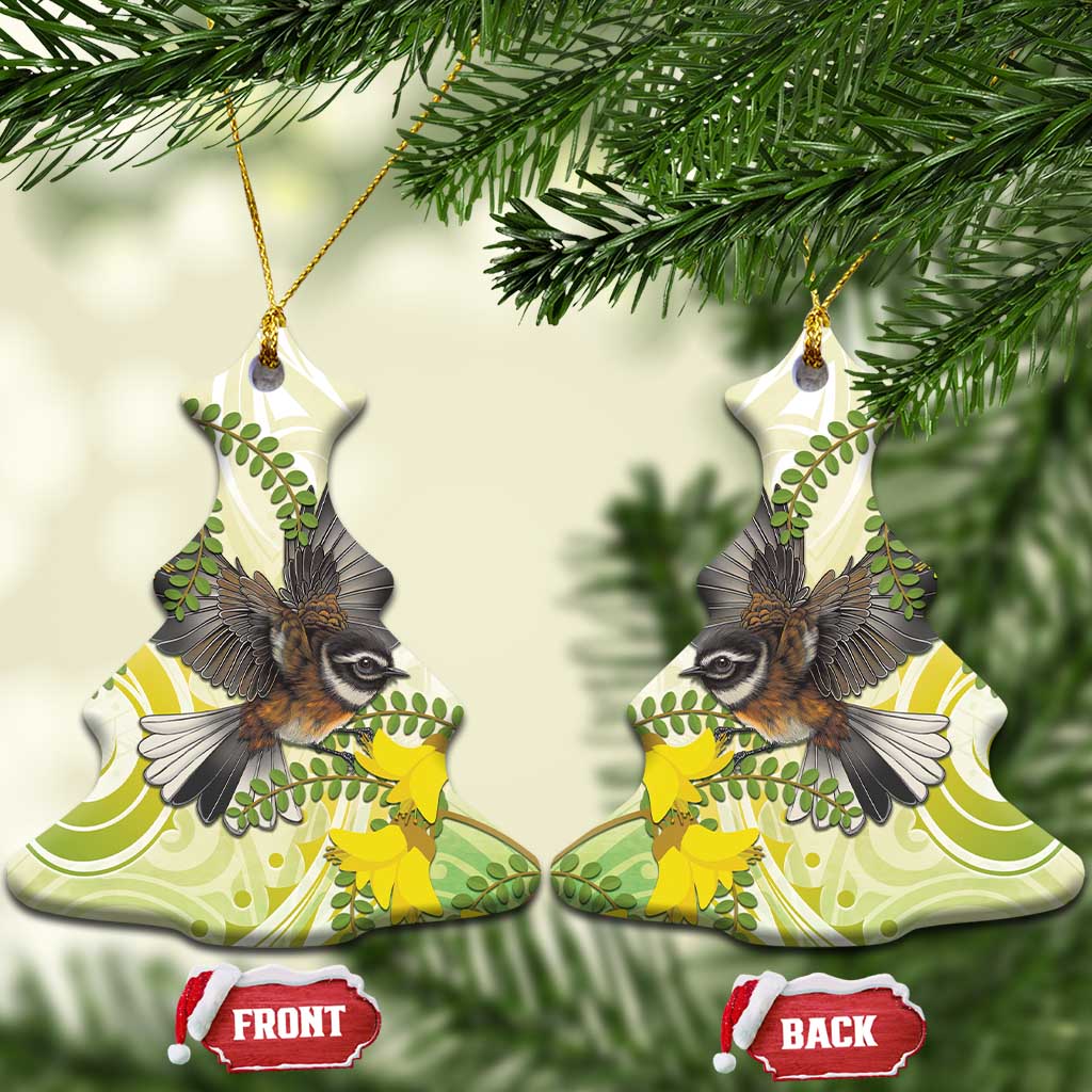 New Zealand Piwakawaka Fantail Bird Ceramic Ornament With Kowhai Flowers LT05 Christmas Tree Green - Polynesian Pride