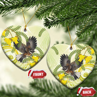 New Zealand Piwakawaka Fantail Bird Ceramic Ornament With Kowhai Flowers LT05 Heart Green - Polynesian Pride