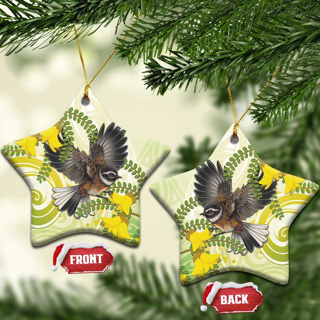 New Zealand Piwakawaka Fantail Bird Ceramic Ornament With Kowhai Flowers LT05 Star Green - Polynesian Pride