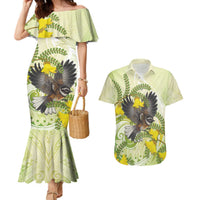 New Zealand Piwakawaka Fantail Bird Couples Matching Mermaid Dress and Hawaiian Shirt With Kowhai Flowers LT05 Green - Polynesian Pride