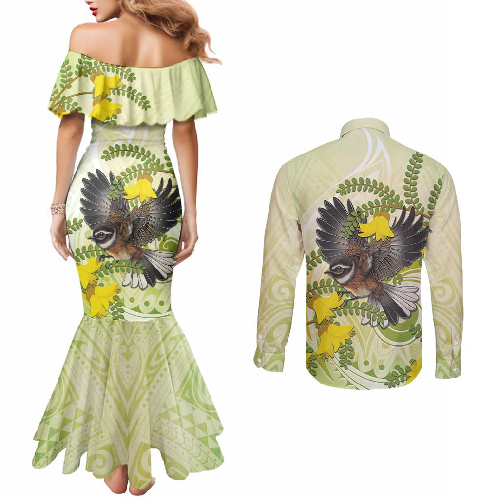 New Zealand Piwakawaka Fantail Bird Couples Matching Mermaid Dress and Long Sleeve Button Shirt With Kowhai Flowers LT05 - Polynesian Pride