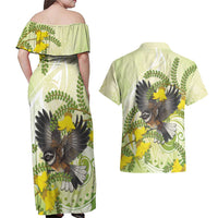 New Zealand Piwakawaka Fantail Bird Couples Matching Off Shoulder Maxi Dress and Hawaiian Shirt With Kowhai Flowers LT05 - Polynesian Pride
