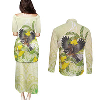 New Zealand Piwakawaka Fantail Bird Couples Matching Puletasi and Long Sleeve Button Shirt With Kowhai Flowers LT05 - Polynesian Pride