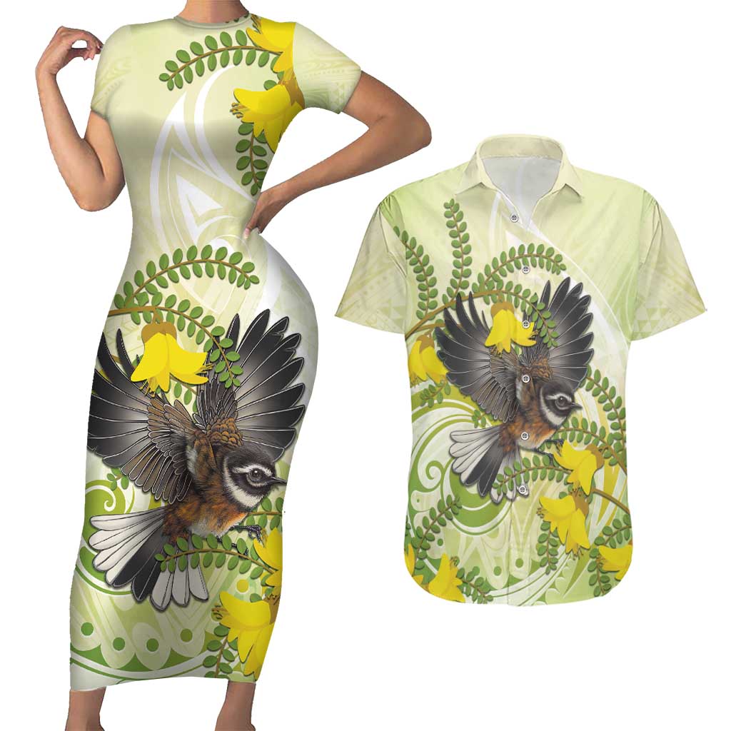 New Zealand Piwakawaka Fantail Bird Couples Matching Short Sleeve Bodycon Dress and Hawaiian Shirt With Kowhai Flowers LT05 Green - Polynesian Pride