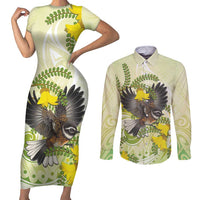 New Zealand Piwakawaka Fantail Bird Couples Matching Short Sleeve Bodycon Dress and Long Sleeve Button Shirt With Kowhai Flowers LT05 Green - Polynesian Pride