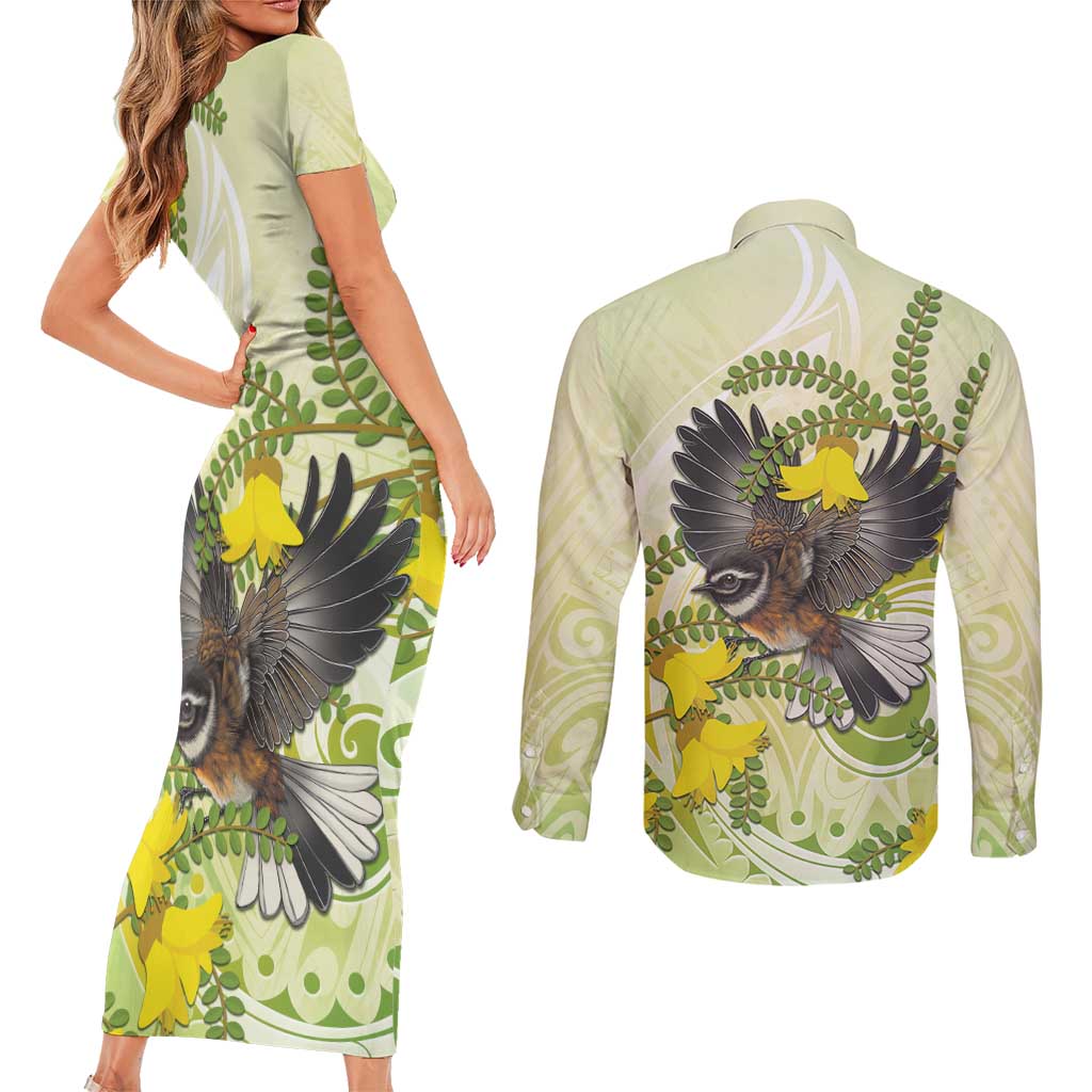 New Zealand Piwakawaka Fantail Bird Couples Matching Short Sleeve Bodycon Dress and Long Sleeve Button Shirt With Kowhai Flowers LT05 - Polynesian Pride
