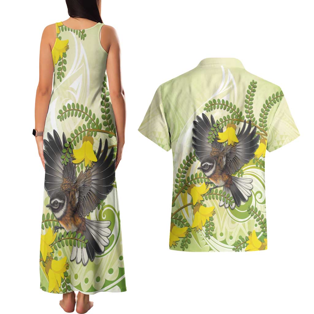 New Zealand Piwakawaka Fantail Bird Couples Matching Tank Maxi Dress and Hawaiian Shirt With Kowhai Flowers LT05 - Polynesian Pride