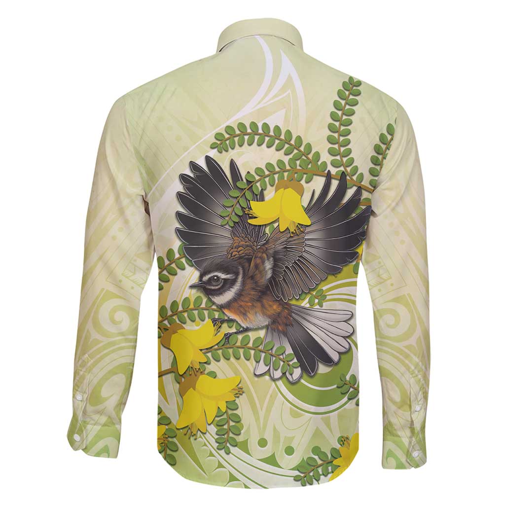 New Zealand Piwakawaka Fantail Bird Family Matching Long Sleeve Bodycon Dress and Hawaiian Shirt With Kowhai Flowers LT05 - Polynesian Pride