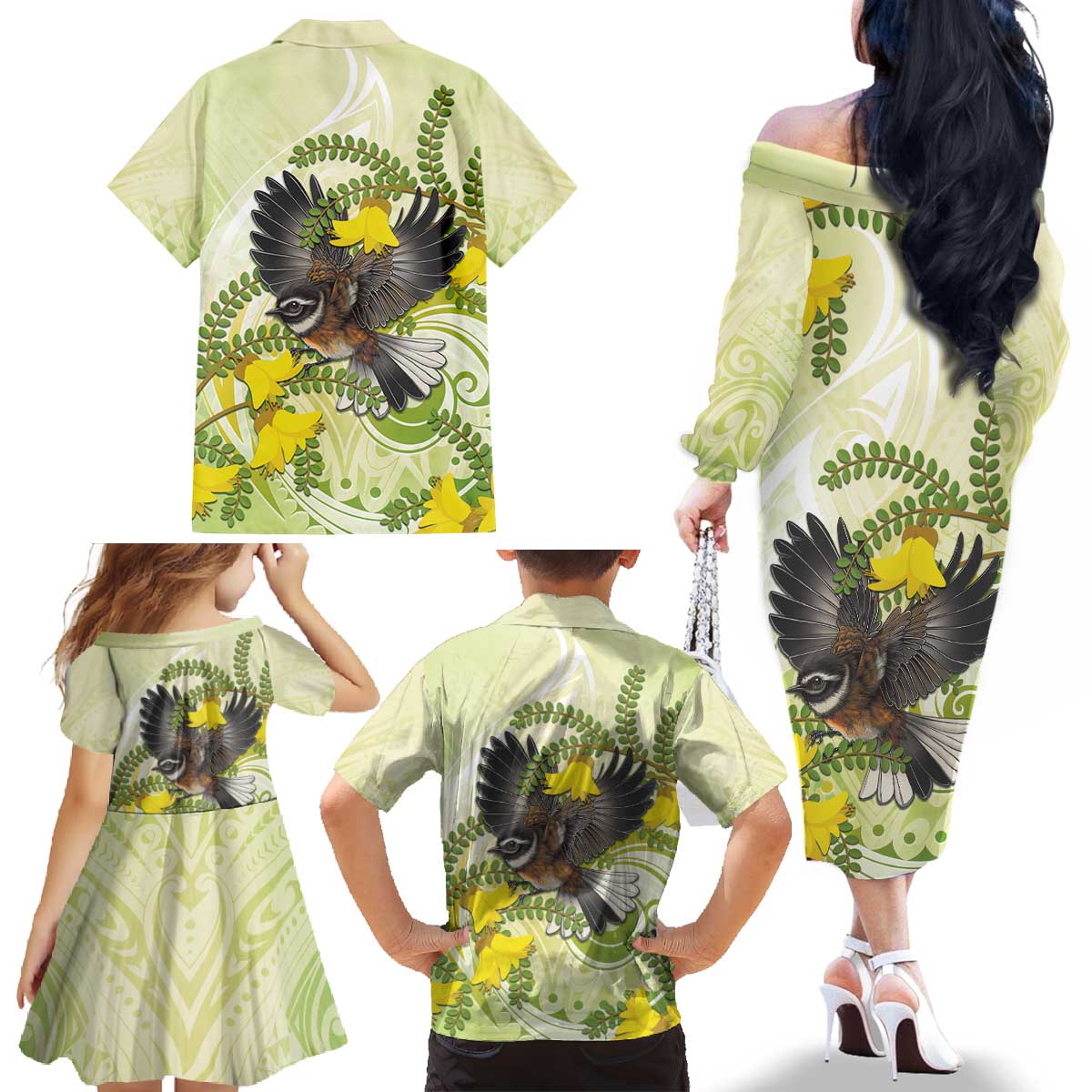 New Zealand Piwakawaka Fantail Bird Family Matching Off The Shoulder Long Sleeve Dress and Hawaiian Shirt With Kowhai Flowers LT05 - Polynesian Pride