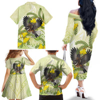 New Zealand Piwakawaka Fantail Bird Family Matching Off The Shoulder Long Sleeve Dress and Hawaiian Shirt With Kowhai Flowers LT05 - Polynesian Pride