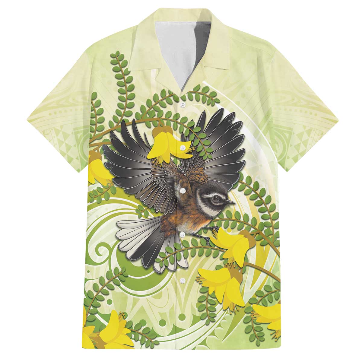 New Zealand Piwakawaka Fantail Bird Family Matching Off The Shoulder Long Sleeve Dress and Hawaiian Shirt With Kowhai Flowers LT05 Dad's Shirt - Short Sleeve Green - Polynesian Pride