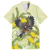 New Zealand Piwakawaka Fantail Bird Family Matching Off The Shoulder Long Sleeve Dress and Hawaiian Shirt With Kowhai Flowers LT05 Dad's Shirt - Short Sleeve Green - Polynesian Pride