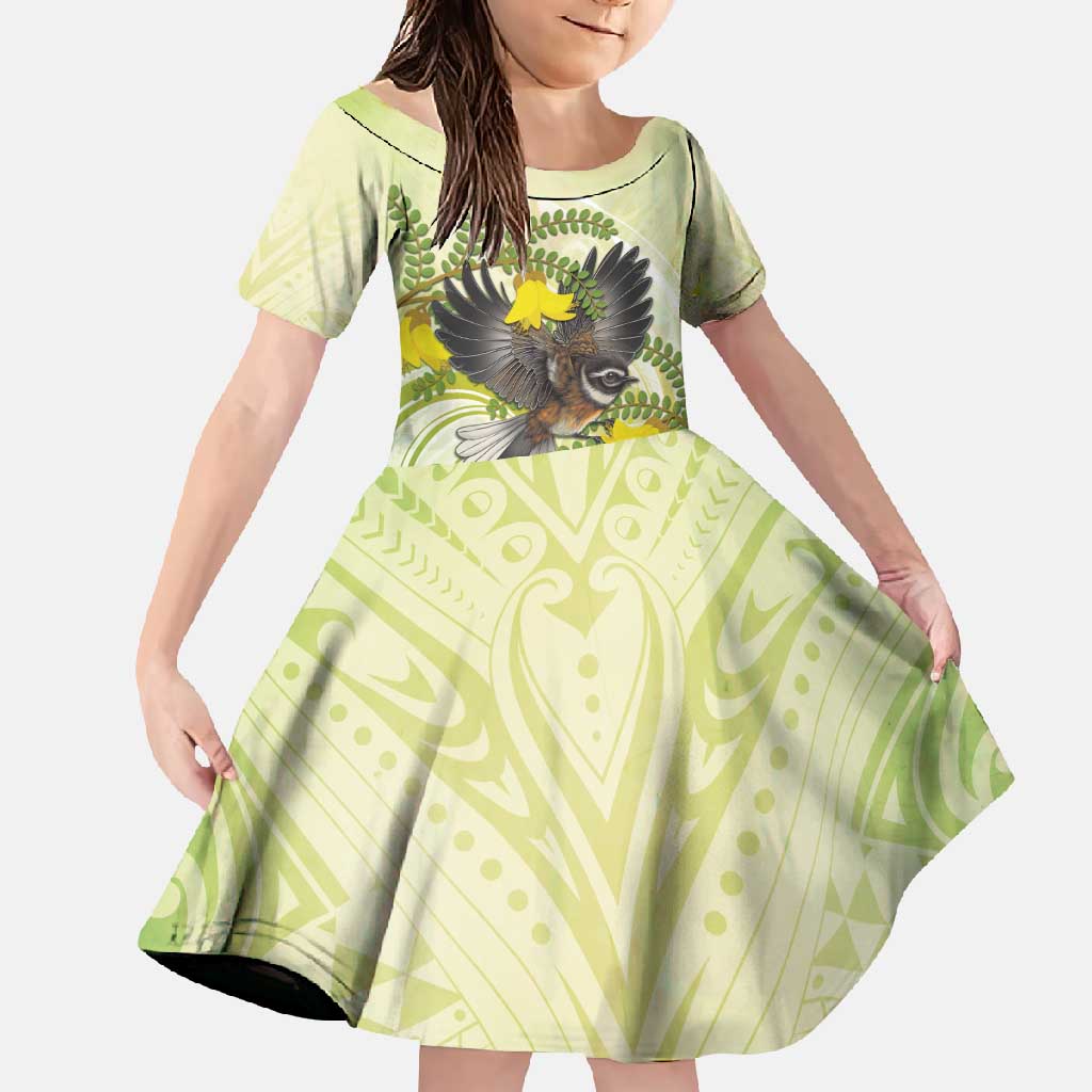 New Zealand Piwakawaka Fantail Bird Family Matching Off Shoulder Maxi Dress and Hawaiian Shirt With Kowhai Flowers LT05 Daughter's Dress Green - Polynesian Pride