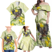 New Zealand Piwakawaka Fantail Bird Family Matching Off Shoulder Maxi Dress and Hawaiian Shirt With Kowhai Flowers LT05 - Polynesian Pride