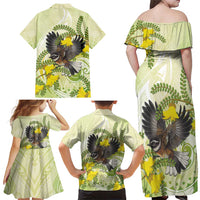 New Zealand Piwakawaka Fantail Bird Family Matching Off Shoulder Maxi Dress and Hawaiian Shirt With Kowhai Flowers LT05 - Polynesian Pride