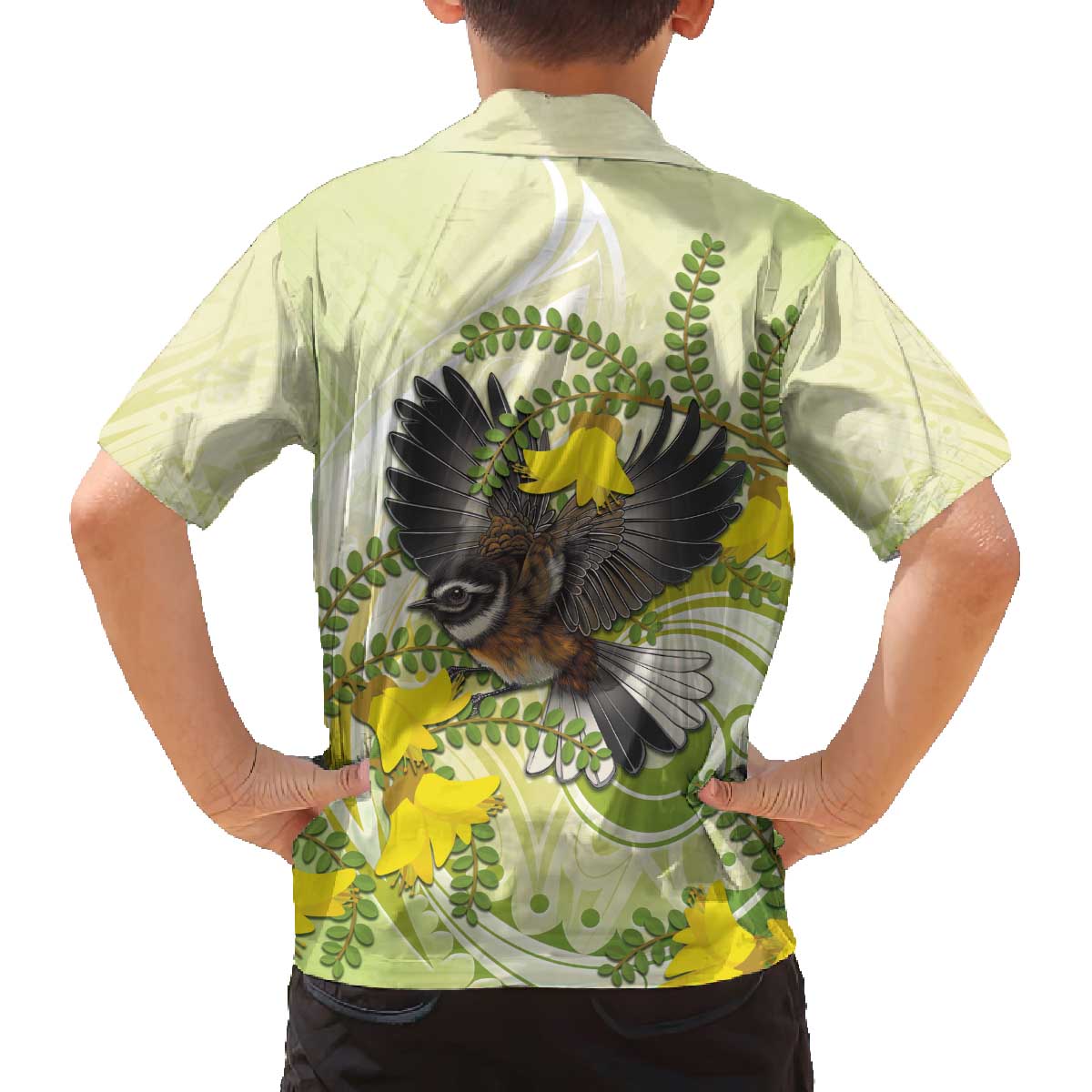 New Zealand Piwakawaka Fantail Bird Family Matching Off Shoulder Short Dress and Hawaiian Shirt With Kowhai Flowers LT05 - Polynesian Pride