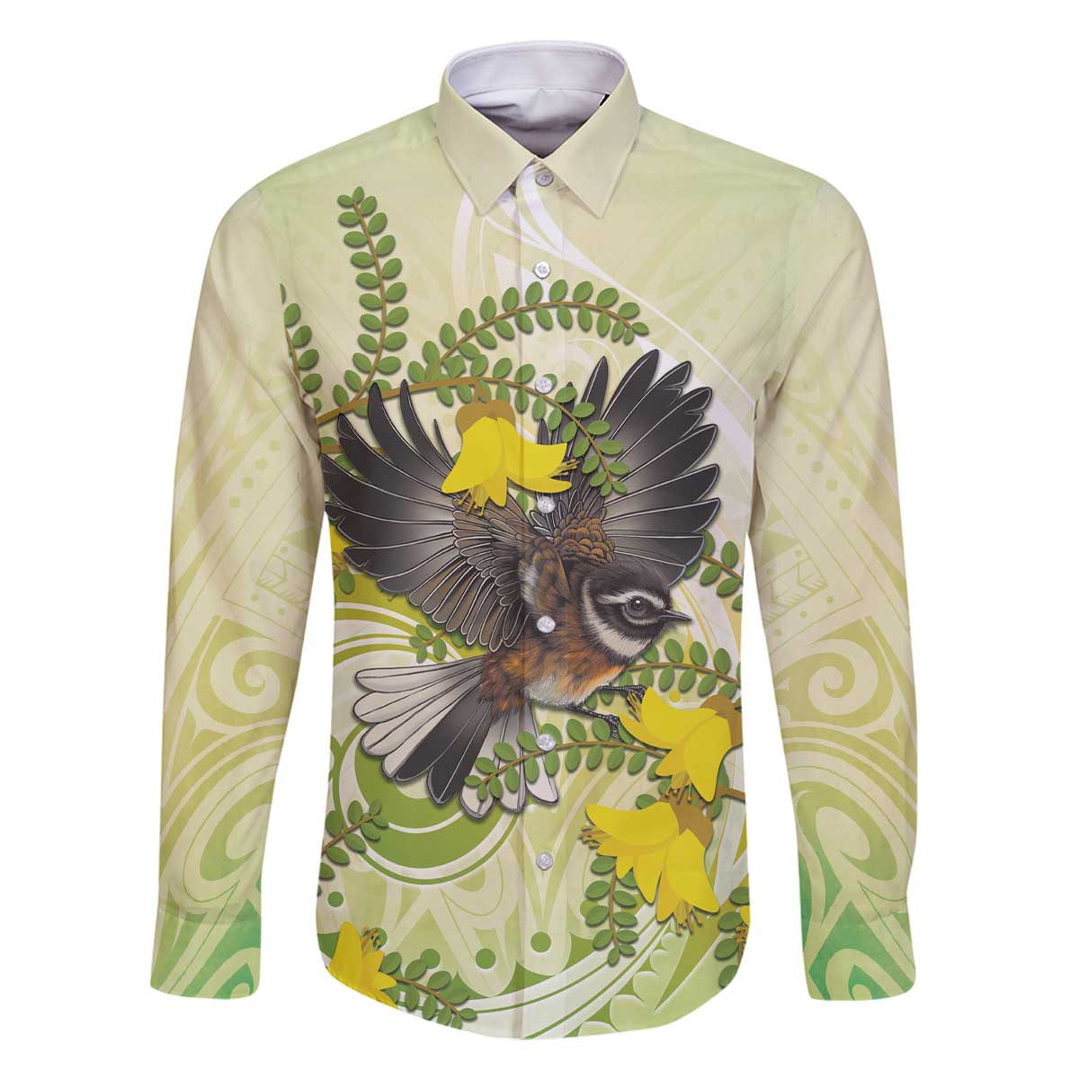 New Zealand Piwakawaka Fantail Bird Family Matching Off Shoulder Short Dress and Hawaiian Shirt With Kowhai Flowers LT05 Dad's Shirt - Long Sleeve Green - Polynesian Pride