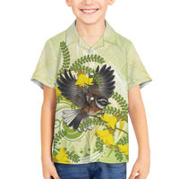 New Zealand Piwakawaka Fantail Bird Family Matching Off Shoulder Short Dress and Hawaiian Shirt With Kowhai Flowers LT05 Son's Shirt Green - Polynesian Pride