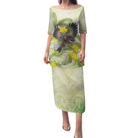 New Zealand Piwakawaka Fantail Bird Family Matching Puletasi and Hawaiian Shirt With Kowhai Flowers LT05 Mom's Dress Green - Polynesian Pride