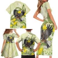 New Zealand Piwakawaka Fantail Bird Family Matching Short Sleeve Bodycon Dress and Hawaiian Shirt With Kowhai Flowers LT05 - Polynesian Pride