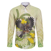 New Zealand Piwakawaka Fantail Bird Family Matching Short Sleeve Bodycon Dress and Hawaiian Shirt With Kowhai Flowers LT05 Dad's Shirt - Long Sleeve Green - Polynesian Pride