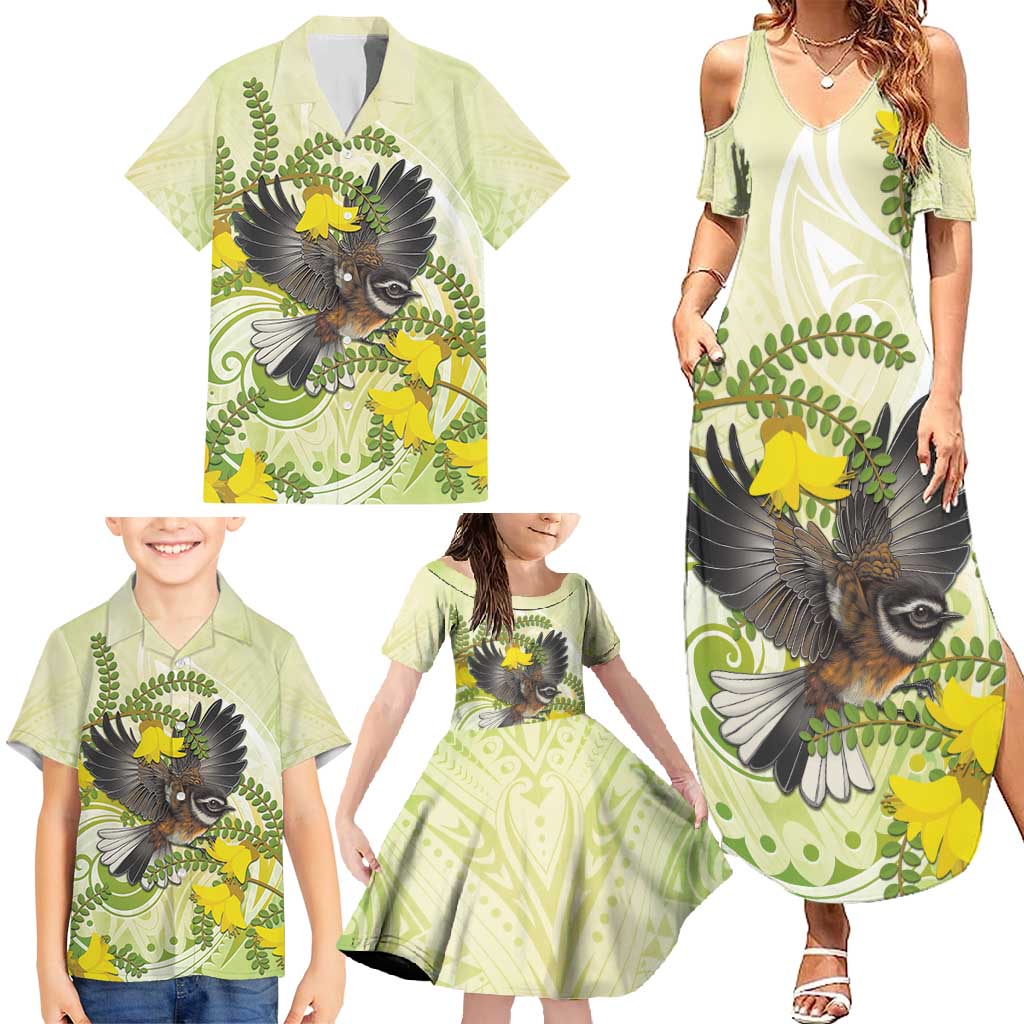 New Zealand Piwakawaka Fantail Bird Family Matching Summer Maxi Dress and Hawaiian Shirt With Kowhai Flowers LT05 - Polynesian Pride
