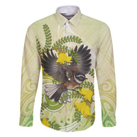 New Zealand Piwakawaka Fantail Bird Family Matching Summer Maxi Dress and Hawaiian Shirt With Kowhai Flowers LT05 Dad's Shirt - Long Sleeve Green - Polynesian Pride