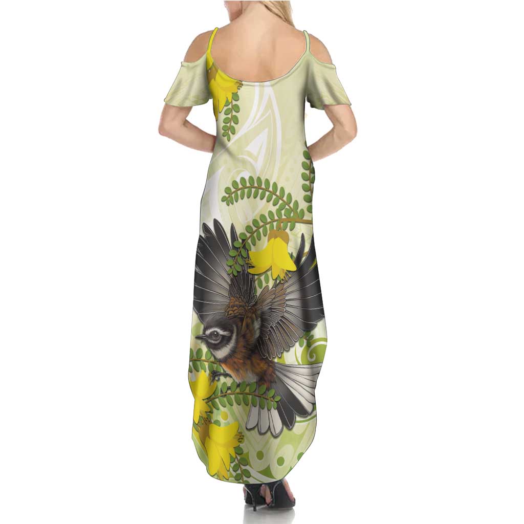 New Zealand Piwakawaka Fantail Bird Family Matching Summer Maxi Dress and Hawaiian Shirt With Kowhai Flowers LT05 - Polynesian Pride
