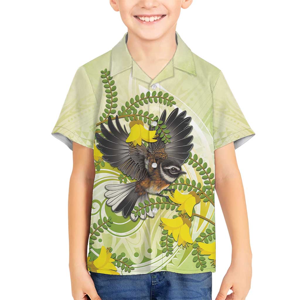 New Zealand Piwakawaka Fantail Bird Family Matching Summer Maxi Dress and Hawaiian Shirt With Kowhai Flowers LT05 Son's Shirt Green - Polynesian Pride