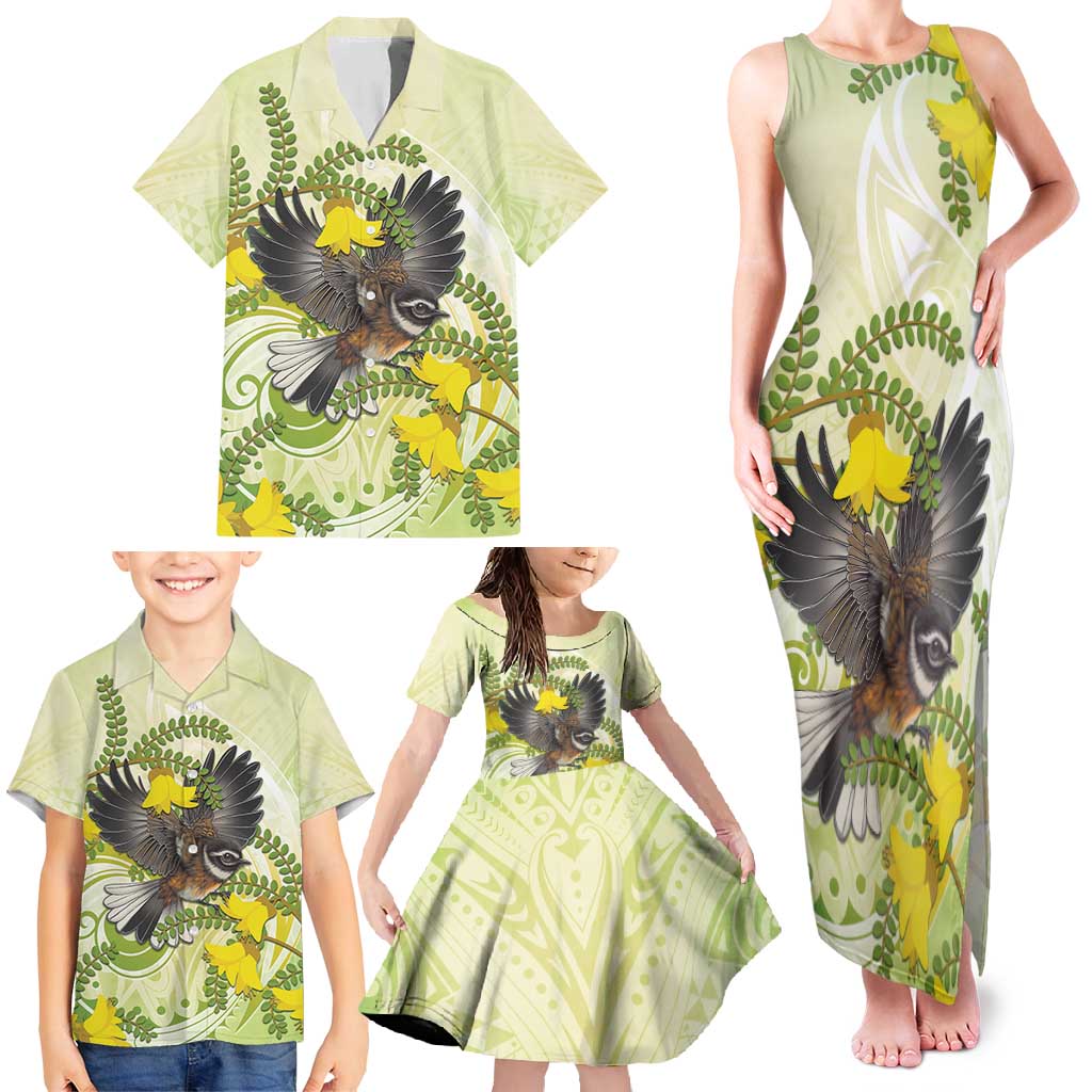 New Zealand Piwakawaka Fantail Bird Family Matching Tank Maxi Dress and Hawaiian Shirt With Kowhai Flowers LT05 - Polynesian Pride
