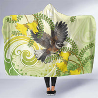 New Zealand Piwakawaka Fantail Bird Hooded Blanket With Kowhai Flowers LT05 One Size Green - Polynesian Pride