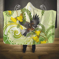 New Zealand Piwakawaka Fantail Bird Hooded Blanket With Kowhai Flowers LT05 - Polynesian Pride