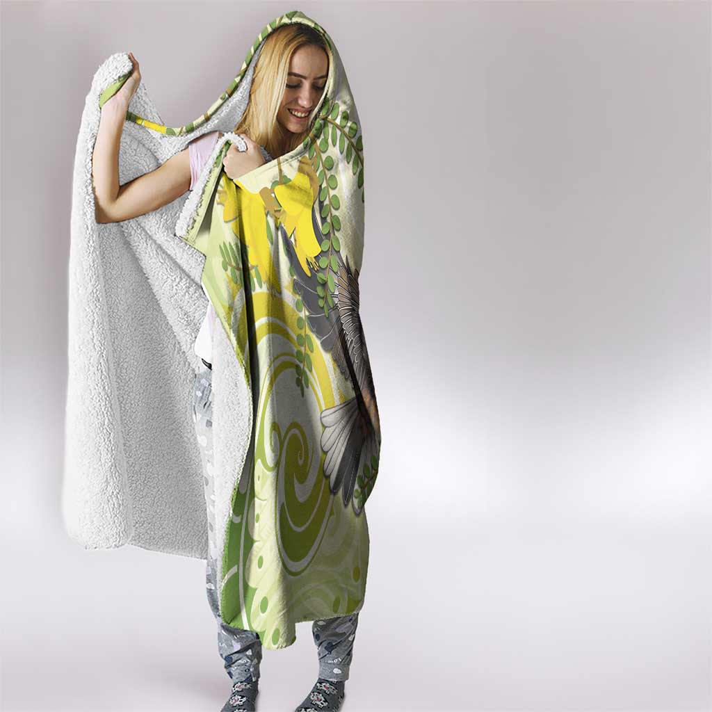 New Zealand Piwakawaka Fantail Bird Hooded Blanket With Kowhai Flowers LT05 - Polynesian Pride