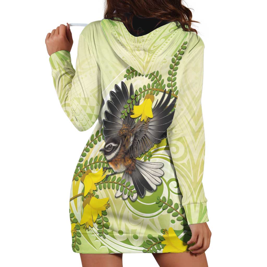 New Zealand Piwakawaka Fantail Bird Hoodie Dress With Kowhai Flowers LT05 - Polynesian Pride