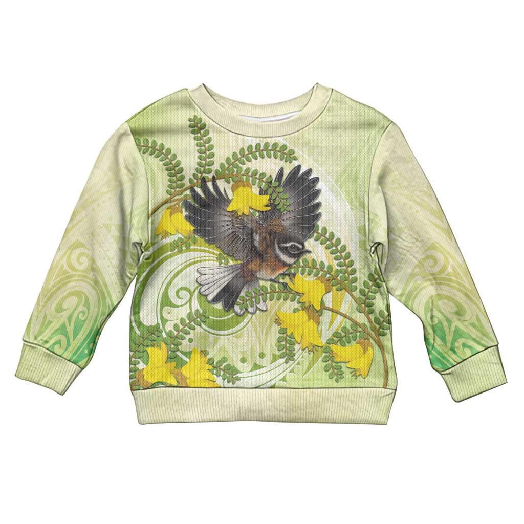 New Zealand Piwakawaka Fantail Bird Kid Ugly Christmas Sweater With Kowhai Flowers LT05 Kid Green - Polynesian Pride