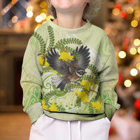 New Zealand Piwakawaka Fantail Bird Kid Ugly Christmas Sweater With Kowhai Flowers LT05 - Polynesian Pride