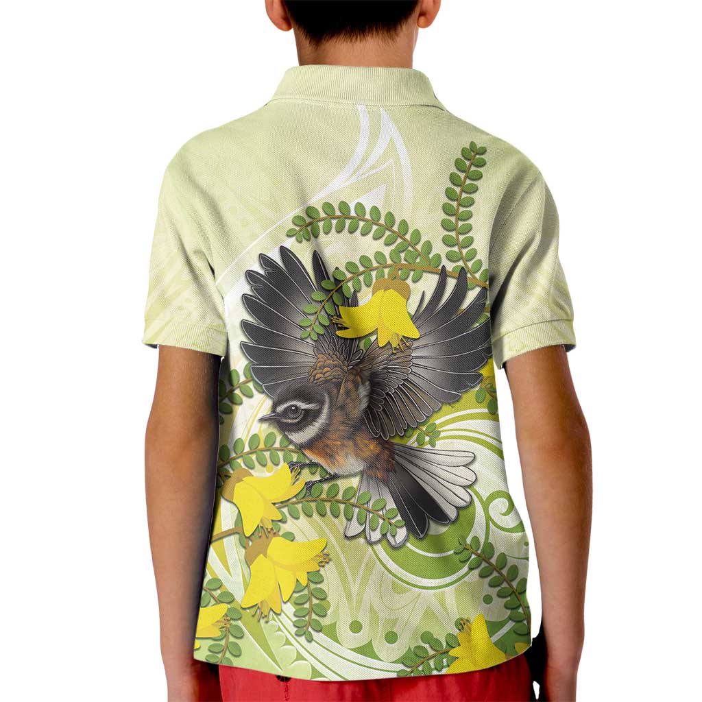 New Zealand Piwakawaka Fantail Bird Kid Polo Shirt With Kowhai Flowers LT05 - Polynesian Pride