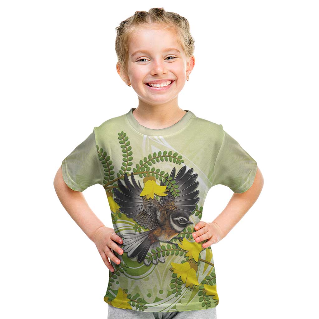 New Zealand Piwakawaka Fantail Bird Kid T Shirt With Kowhai Flowers LT05 Green - Polynesian Pride