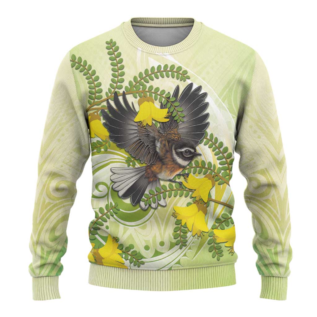 New Zealand Piwakawaka Fantail Bird Ugly Christmas Sweater With Kowhai Flowers LT05 - Polynesian Pride