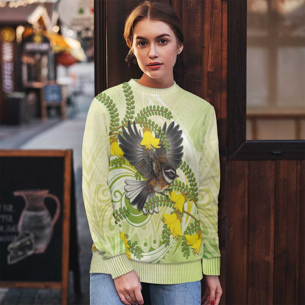 New Zealand Piwakawaka Fantail Bird Ugly Christmas Sweater With Kowhai Flowers LT05 - Polynesian Pride