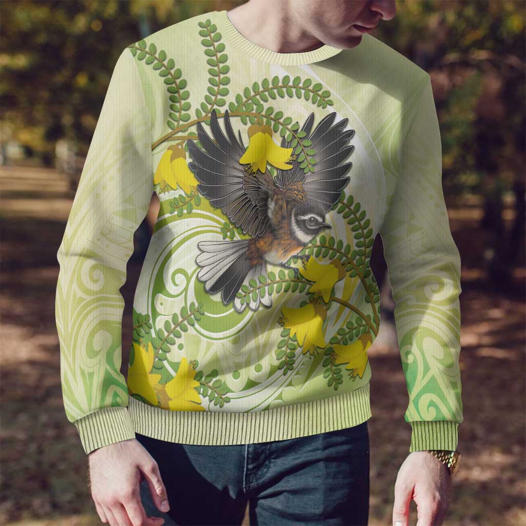 New Zealand Piwakawaka Fantail Bird Ugly Christmas Sweater With Kowhai Flowers LT05 - Polynesian Pride