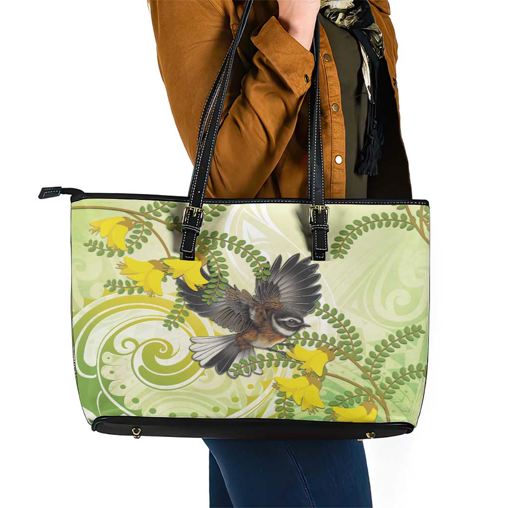 New Zealand Piwakawaka Fantail Bird Leather Tote Bag With Kowhai Flowers LT05 - Polynesian Pride