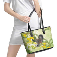 New Zealand Piwakawaka Fantail Bird Leather Tote Bag With Kowhai Flowers LT05 - Polynesian Pride